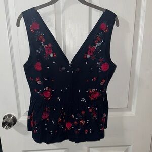 Floral Embroidered and Beaded Sleeveless Top - Navy and Red